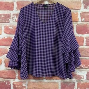 Liz Claiborne Top Women's Large Purple Black Gingham Plaid Casual Career Shirt